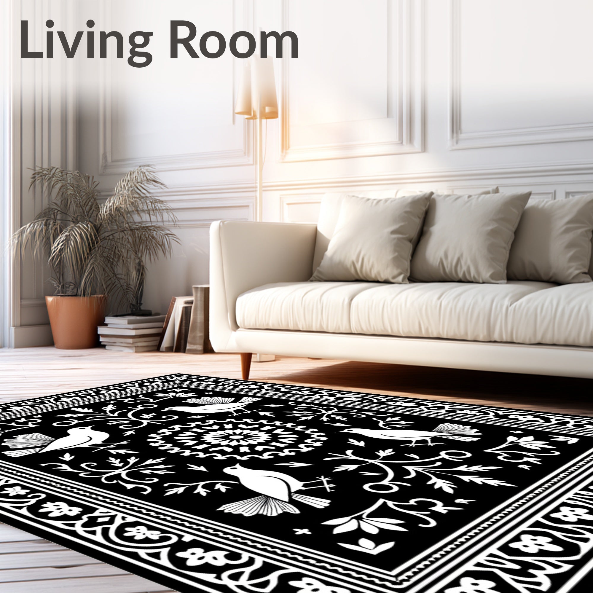 Black and White Bird Floral Medallion Rug