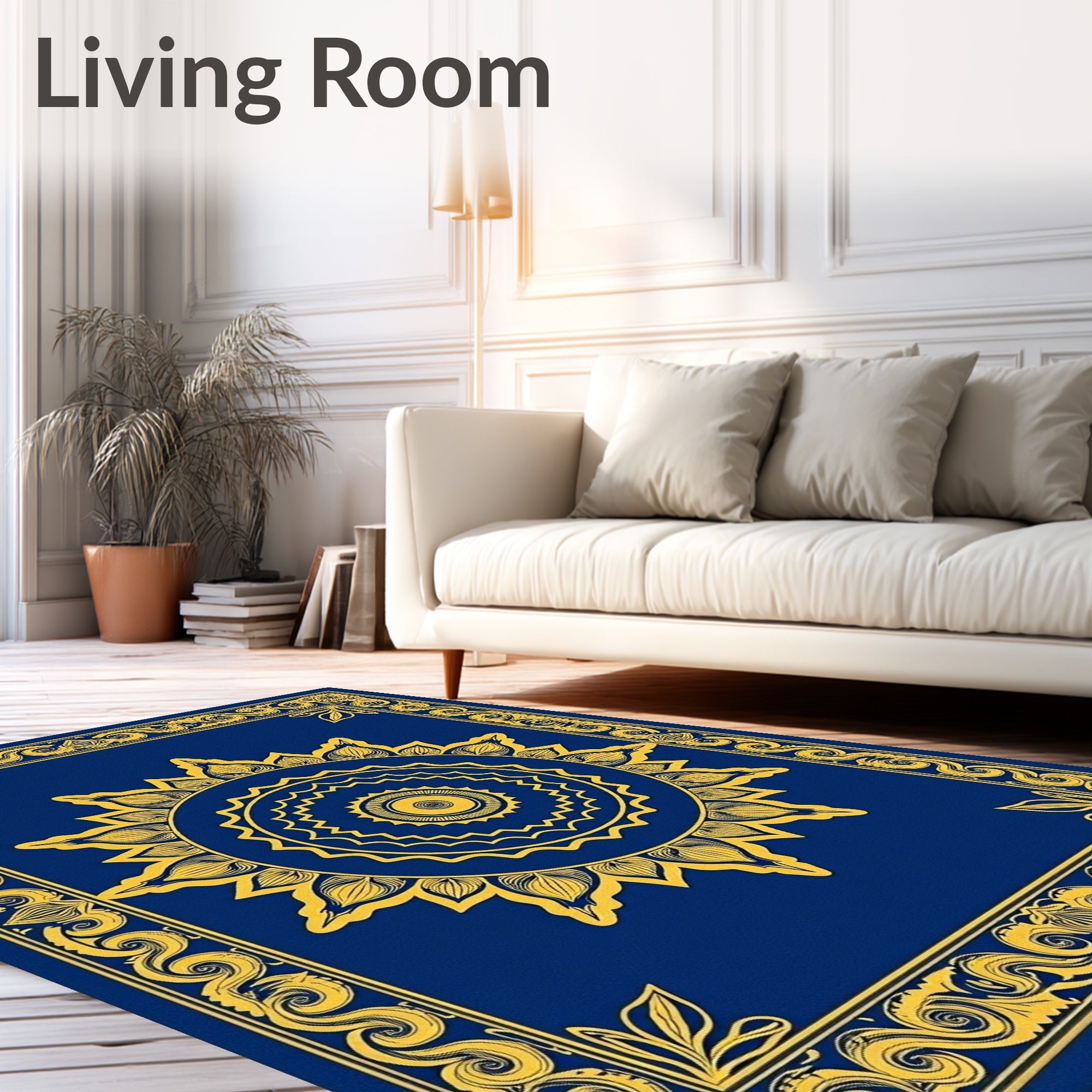 Deep Blue Golden Sun Medallion Border Rug