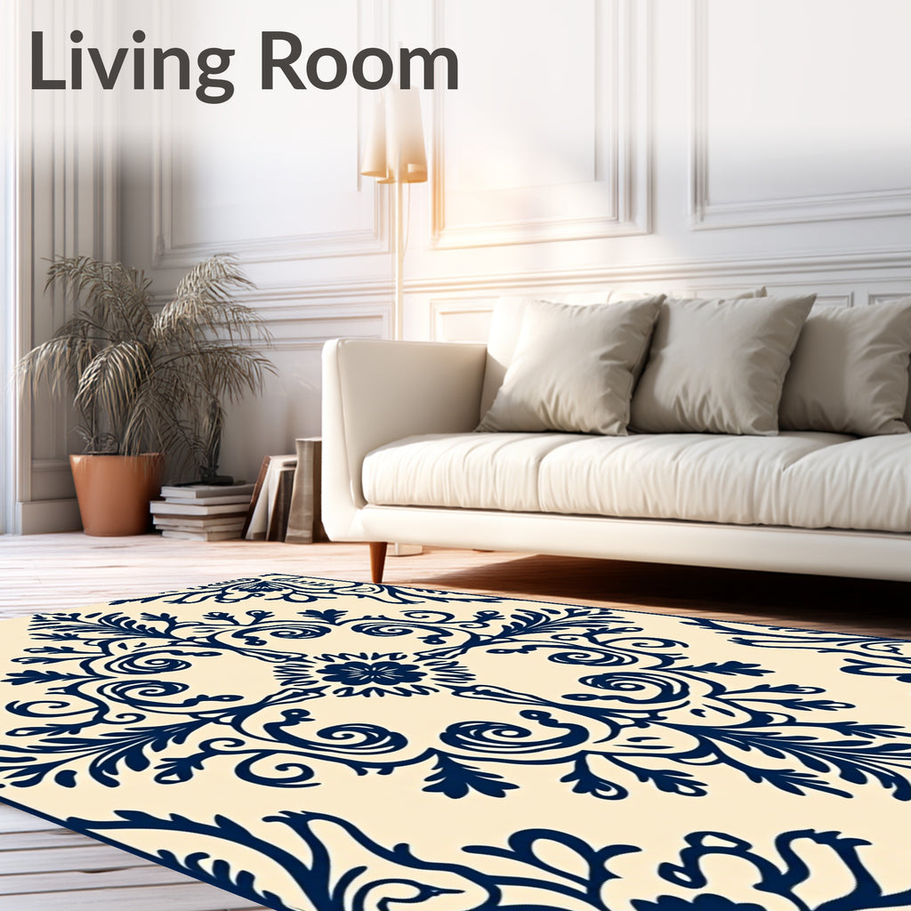 Dark Blue Cream Floral Damask Rug
