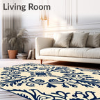 Dark Blue Cream Floral Damask Rug