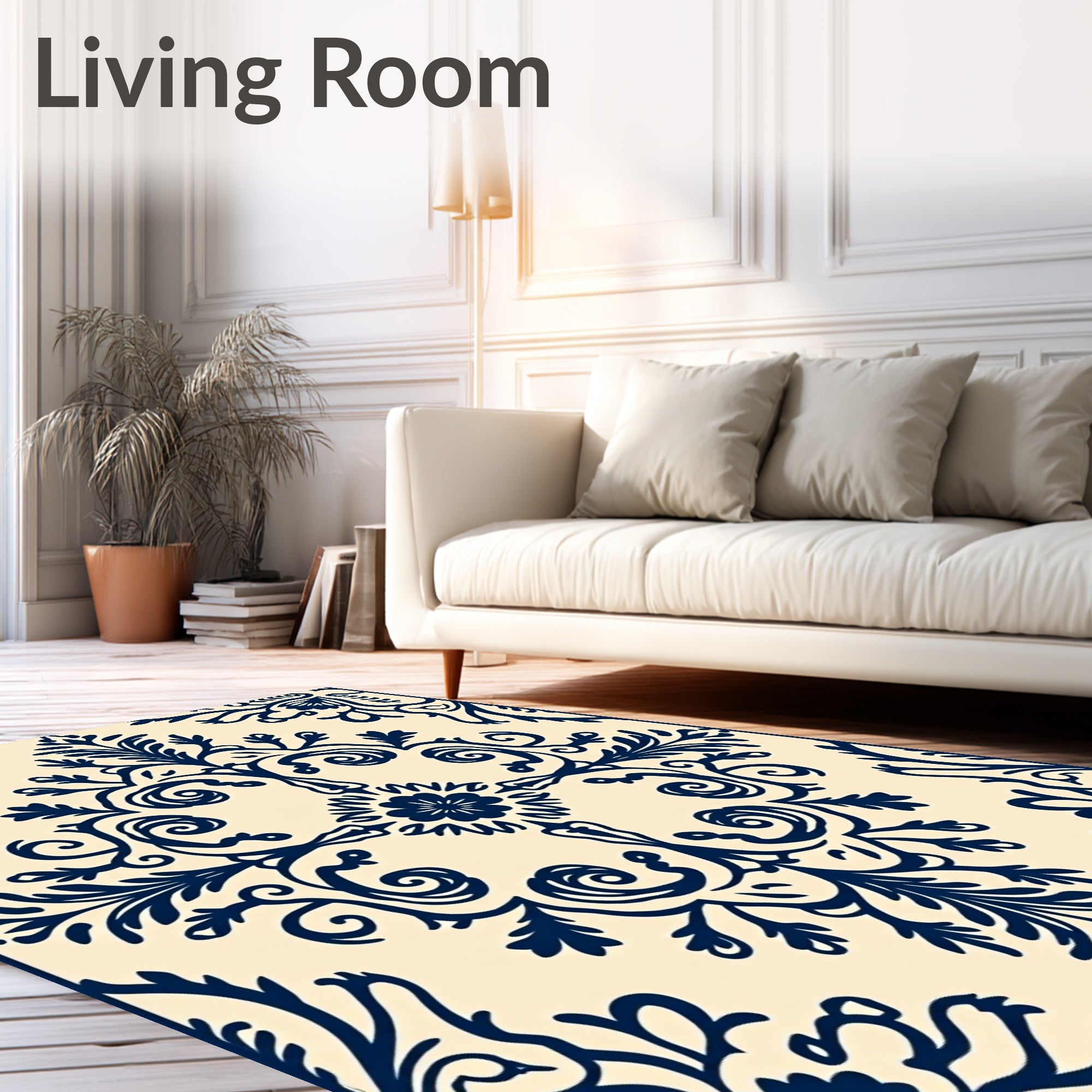 Dark Blue Cream Floral Damask Rug