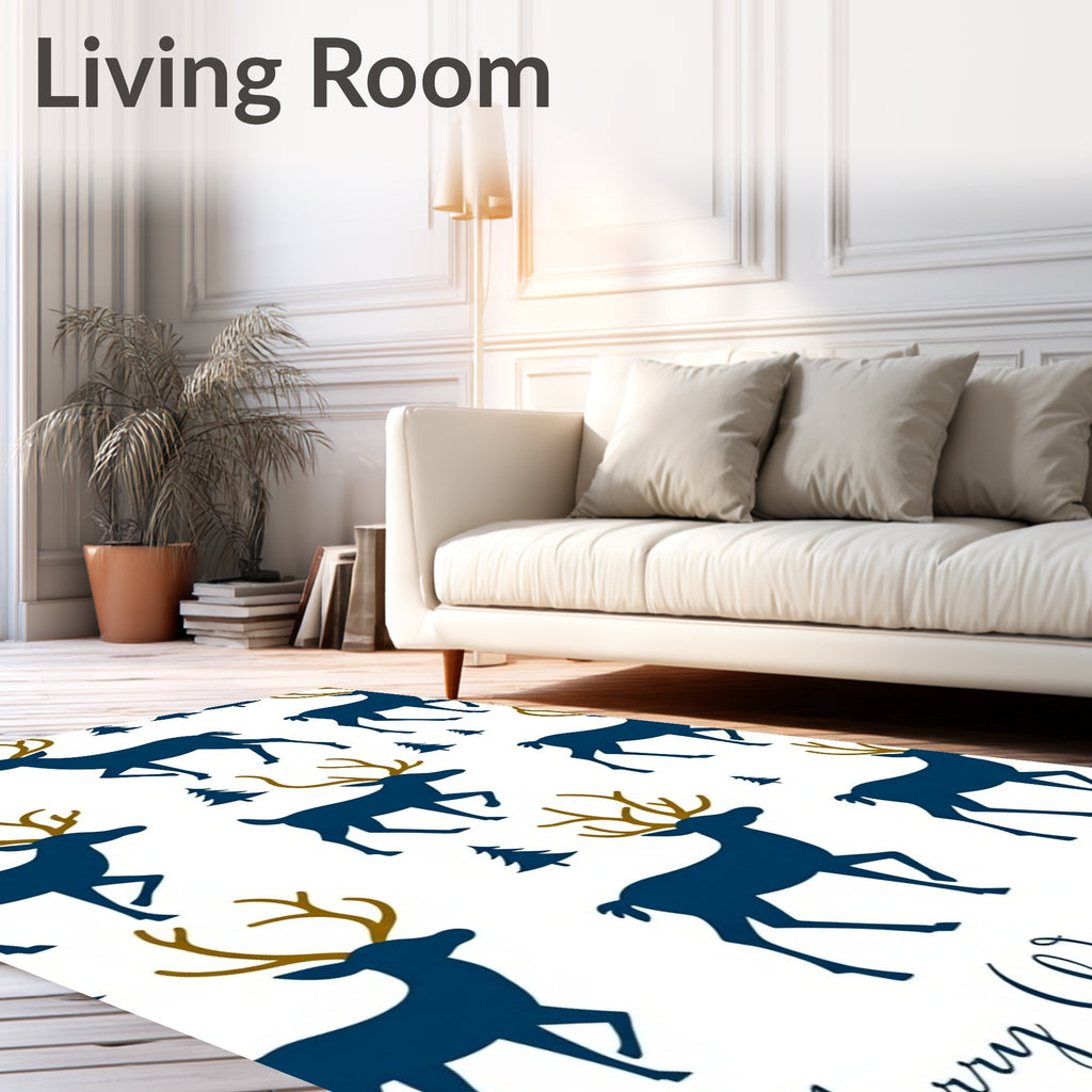 Deep Blue Forest Reindeer Silhouette Rug