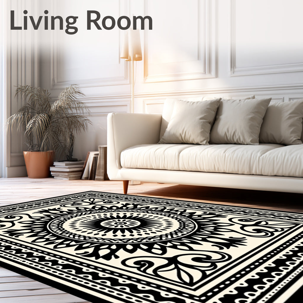 Black Cream Mandala Sunburst Border Rug