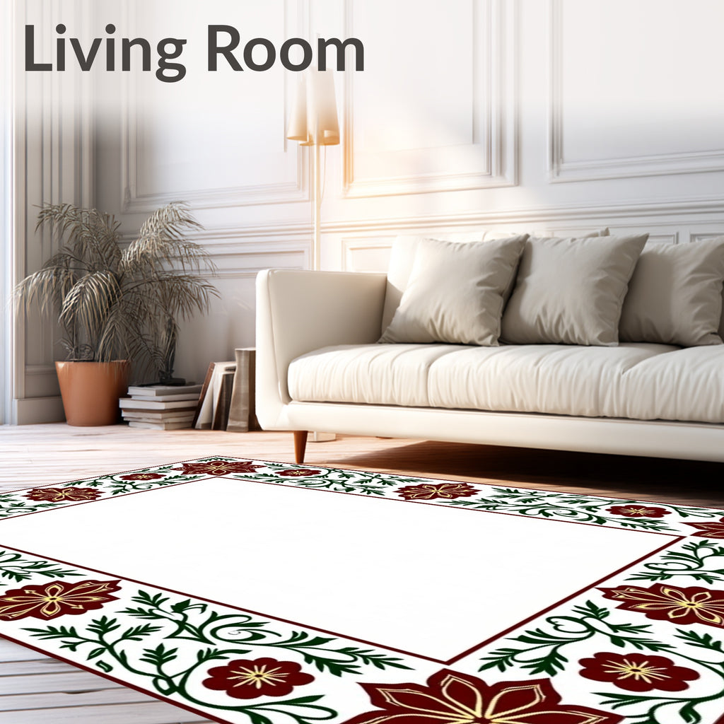 Crimson Golden Floral Vine Border Rug