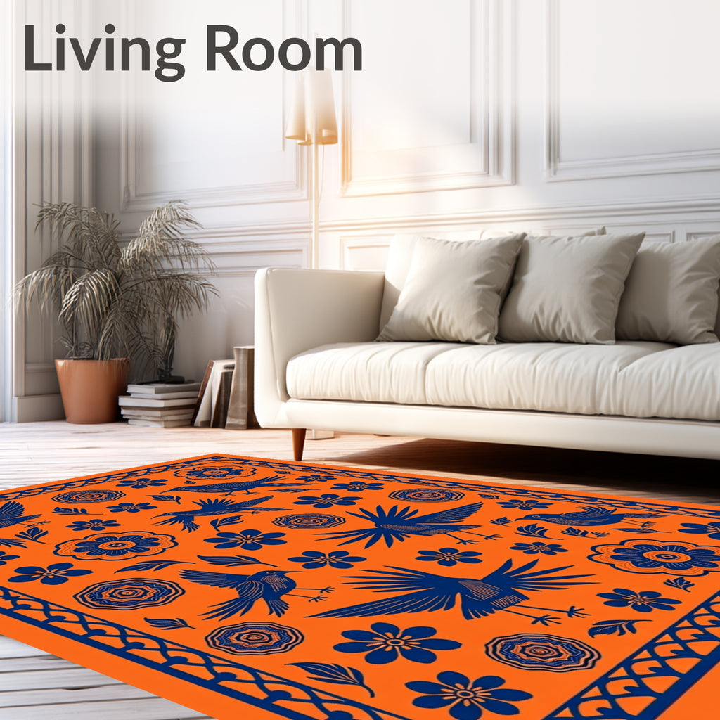 Bold Blue Birds Orange Floral Folk Art Rug