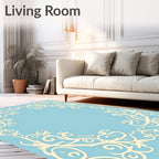 Ornate Cream Floral Border Sky Blue Rug