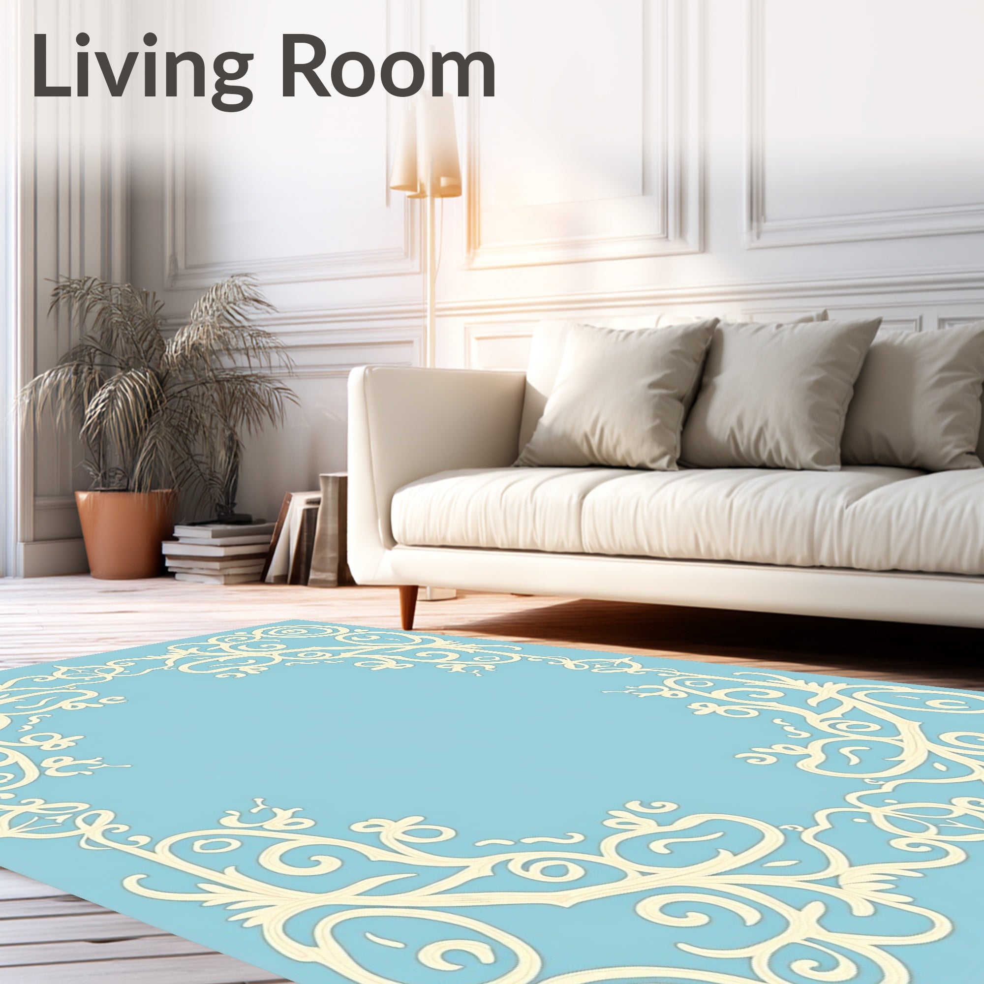 Ornate Cream Floral Border Sky Blue Rug