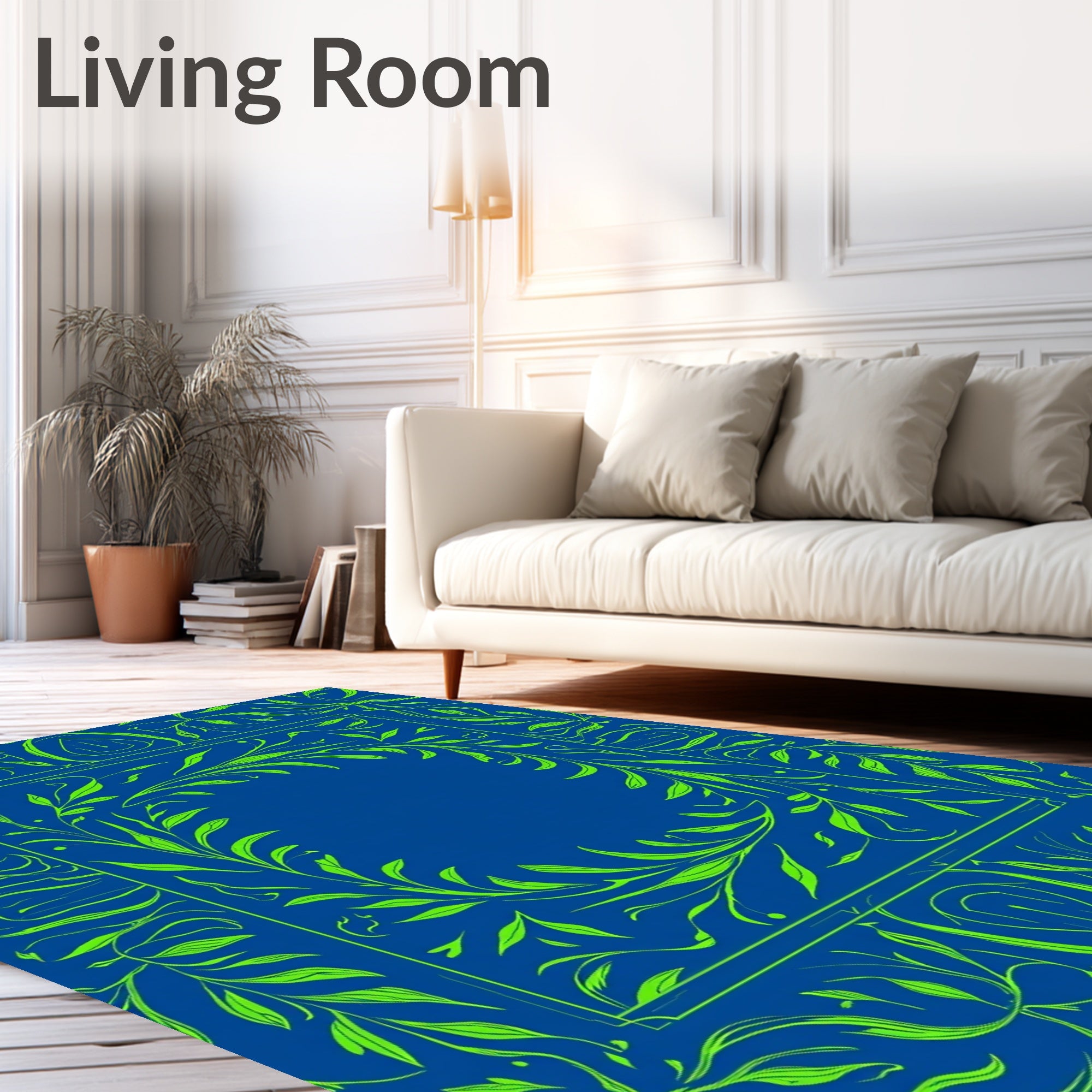 Royal Blue Green Vine Scroll Frame Rug
