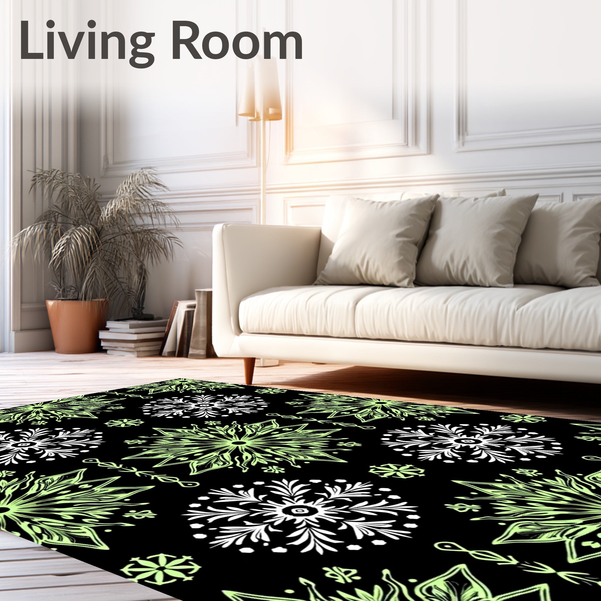Pale Green White Floral Medallion Rug