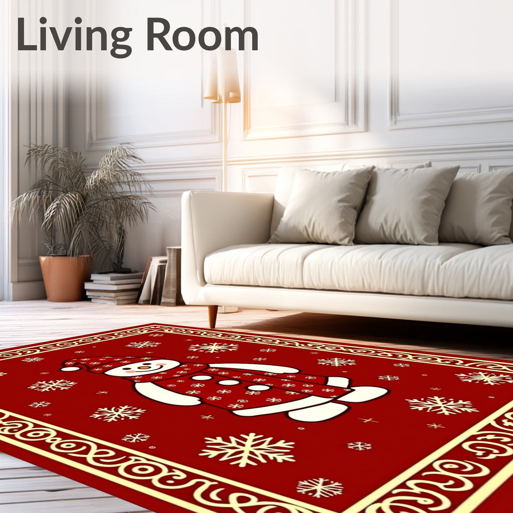 Festive Red Snowman Snowflake Border Rug