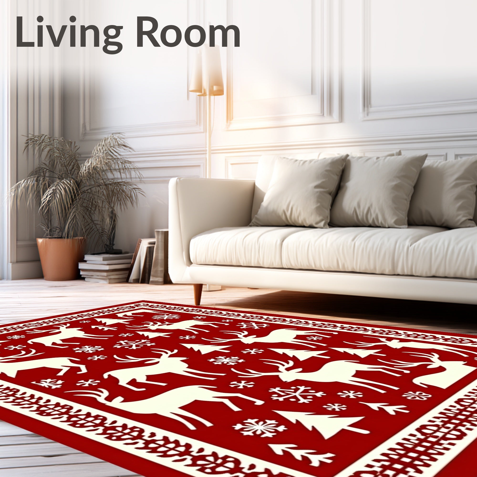 Cream Deer and Pine Tree Christmas Rug