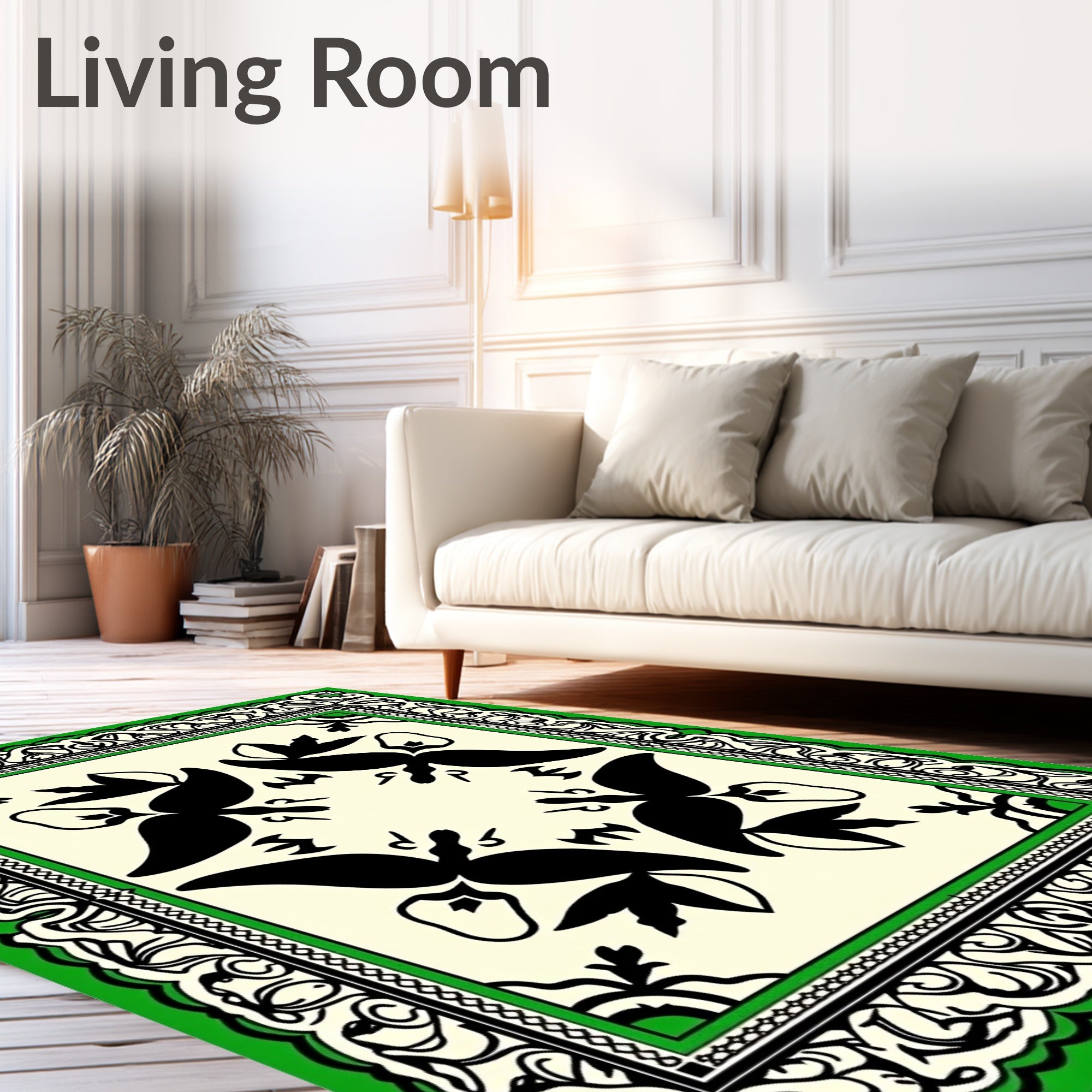Black Green Ivory Floral Scroll Rug
