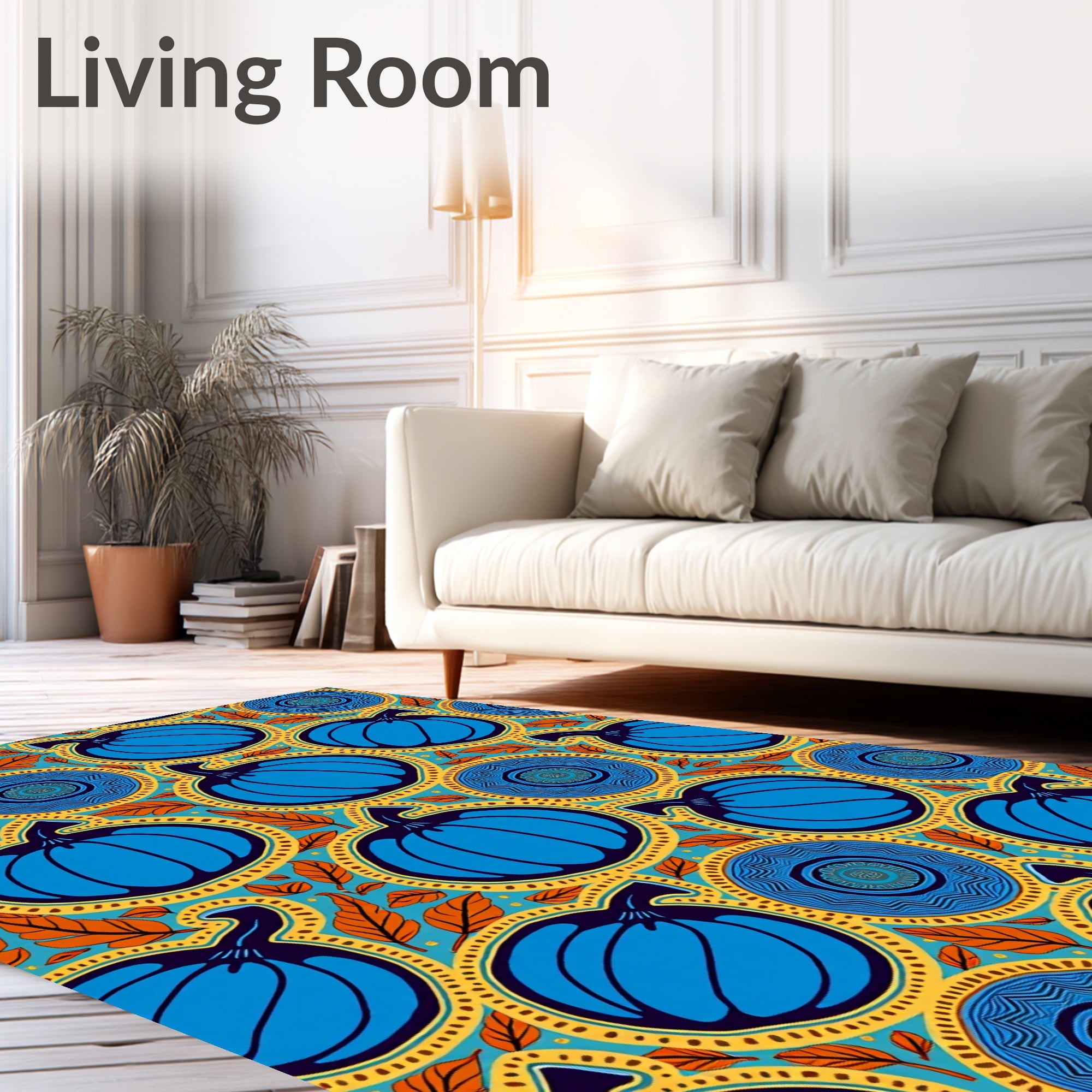 Vibrant Blue Pumpkin Autumn Medallion Rug