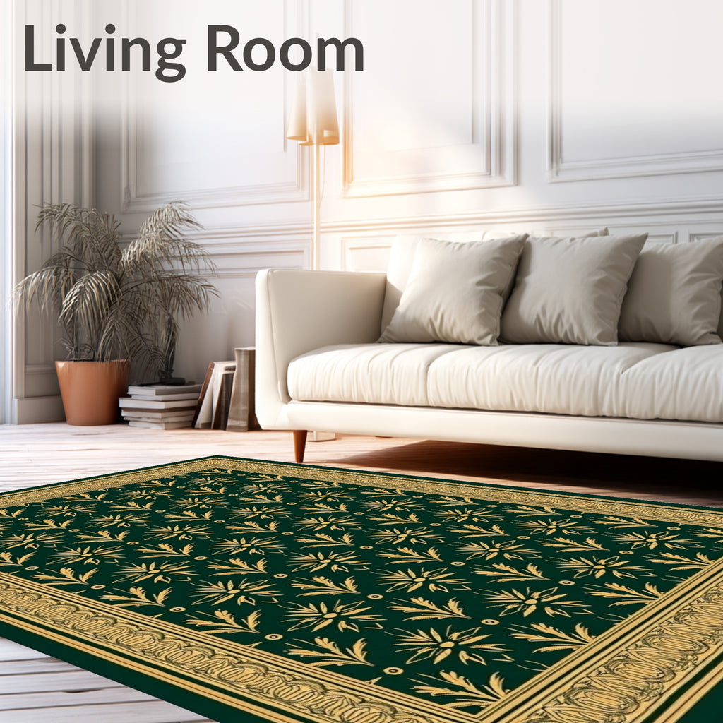 Emerald Green Golden Floral Border Rug
