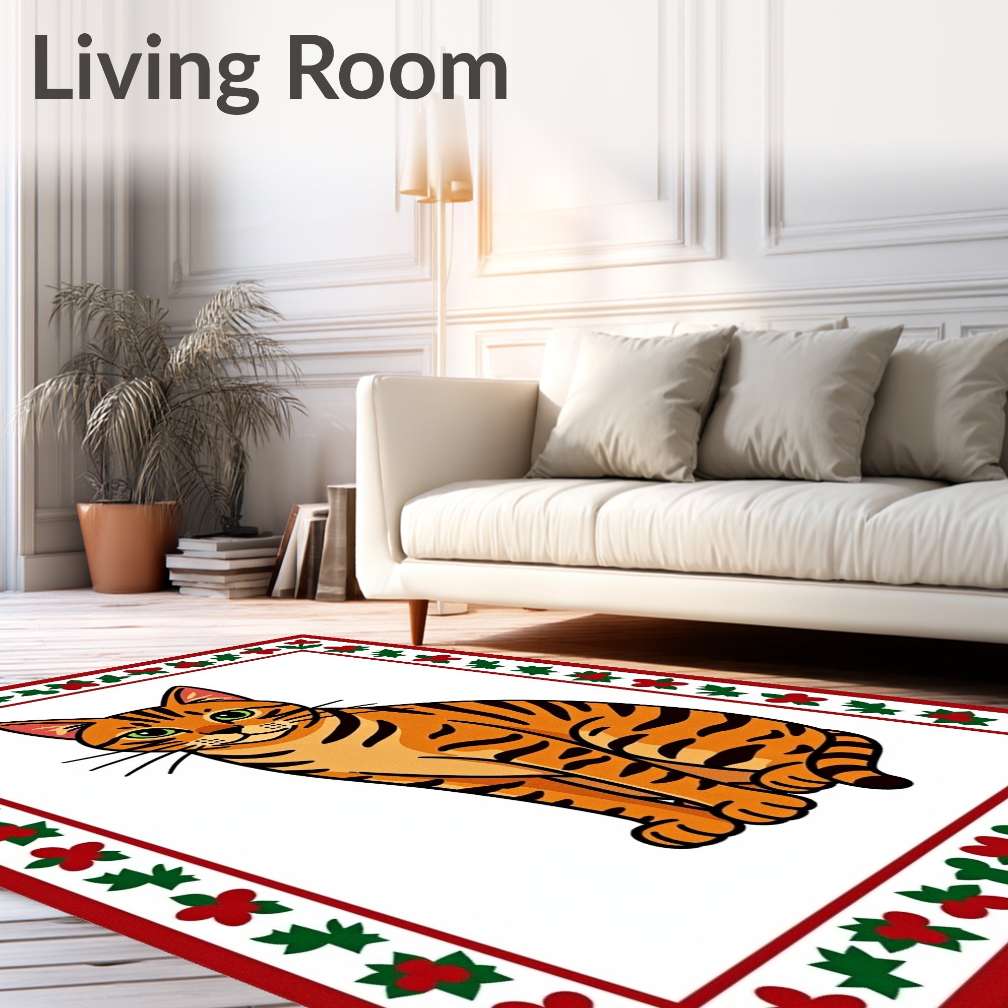 Whimsical Orange Tabby Cat Floral Border Rug