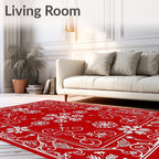 Crimson Snowflake Scrollwork Frame Rug