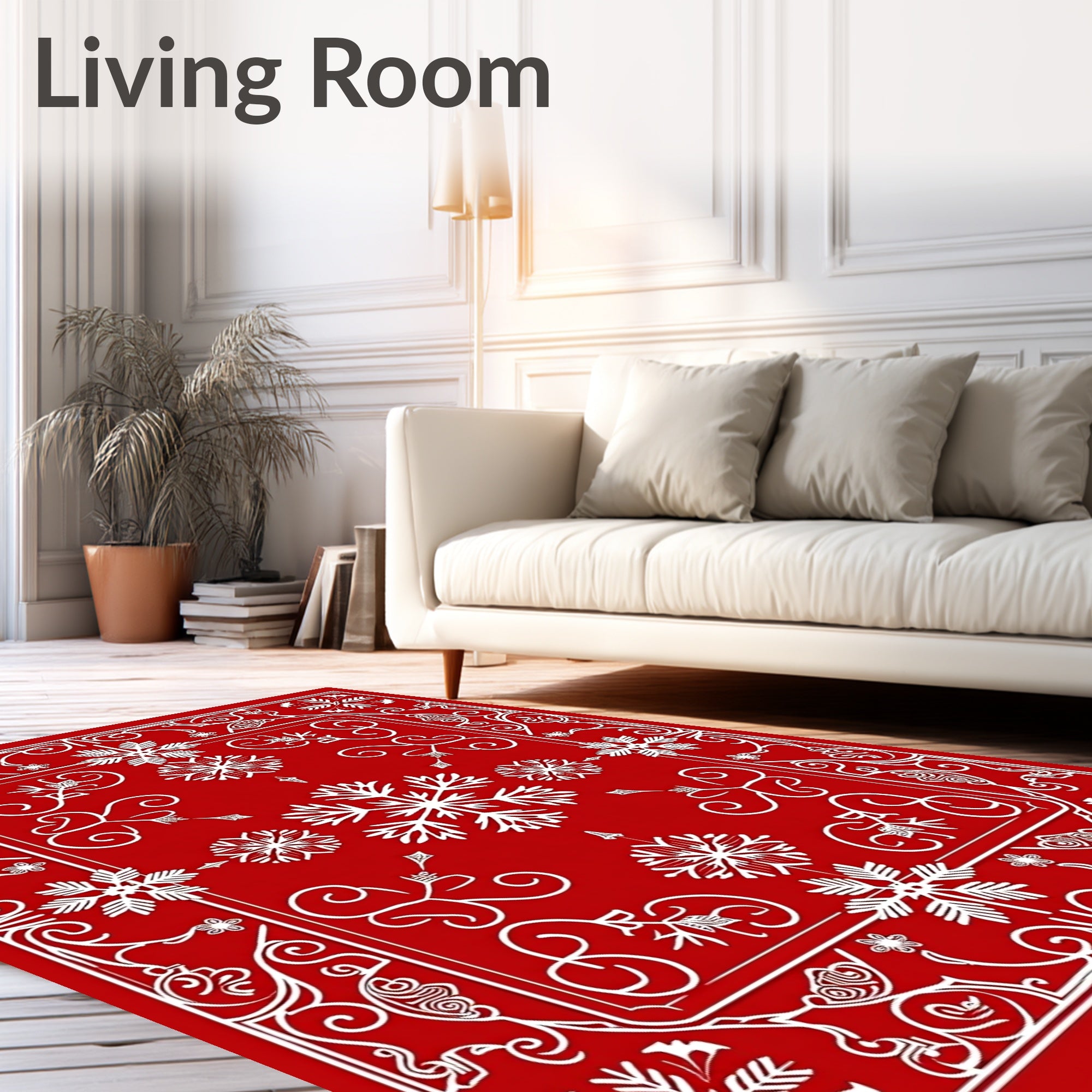 Crimson Snowflake Scrollwork Frame Rug