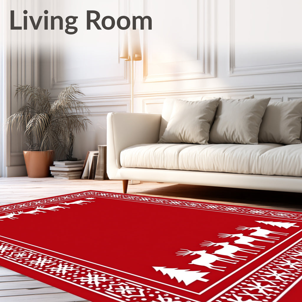 Crimson Red White Reindeer Forest Border Rug