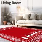 Crimson Red White Reindeer Forest Border Rug