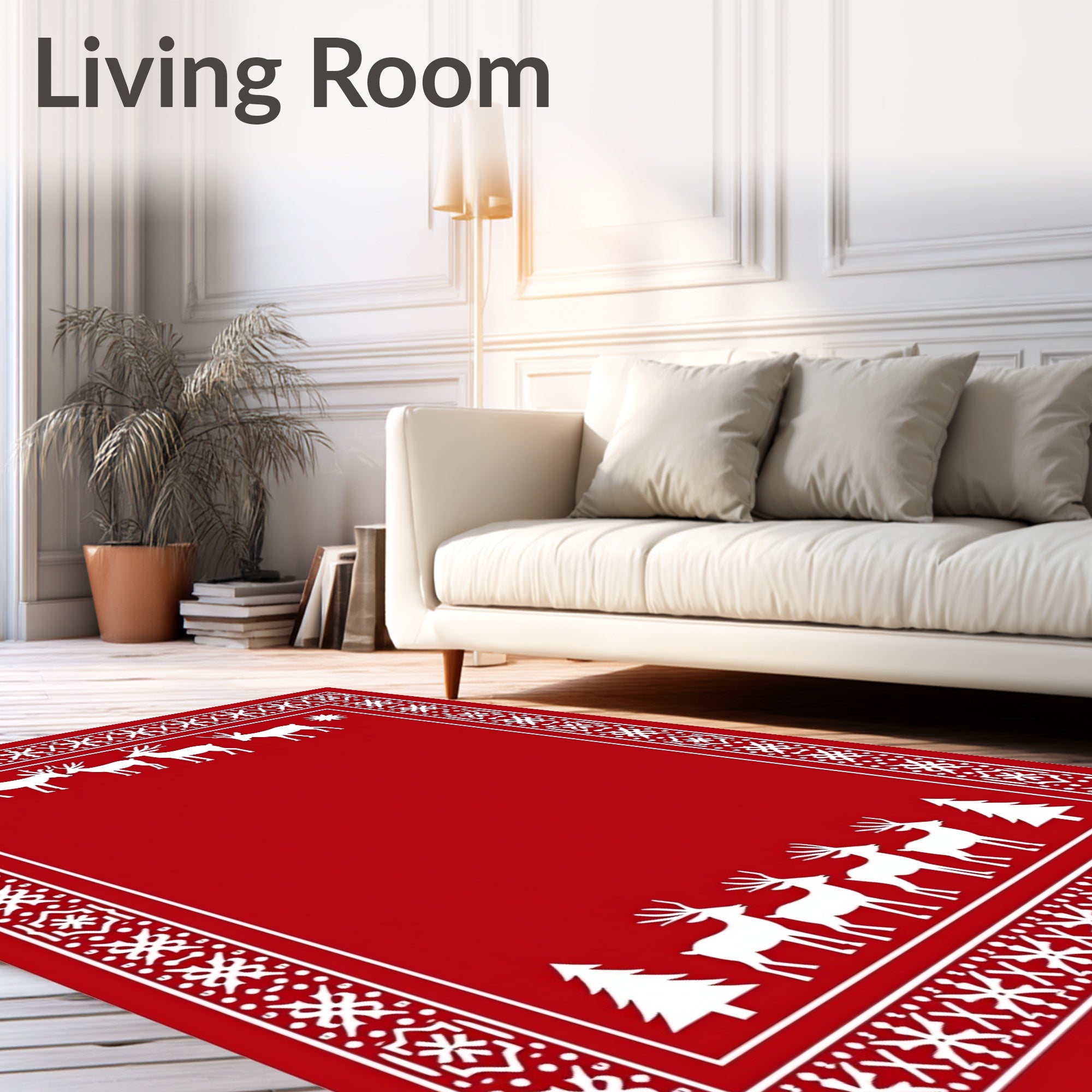 Crimson Red White Reindeer Forest Border Rug