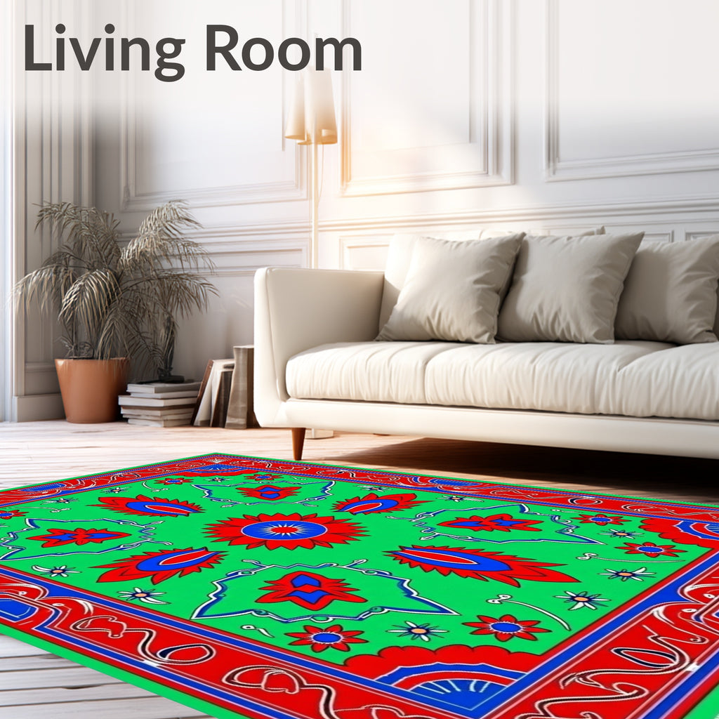 Bright Green Red Blue Floral Medallion Rug