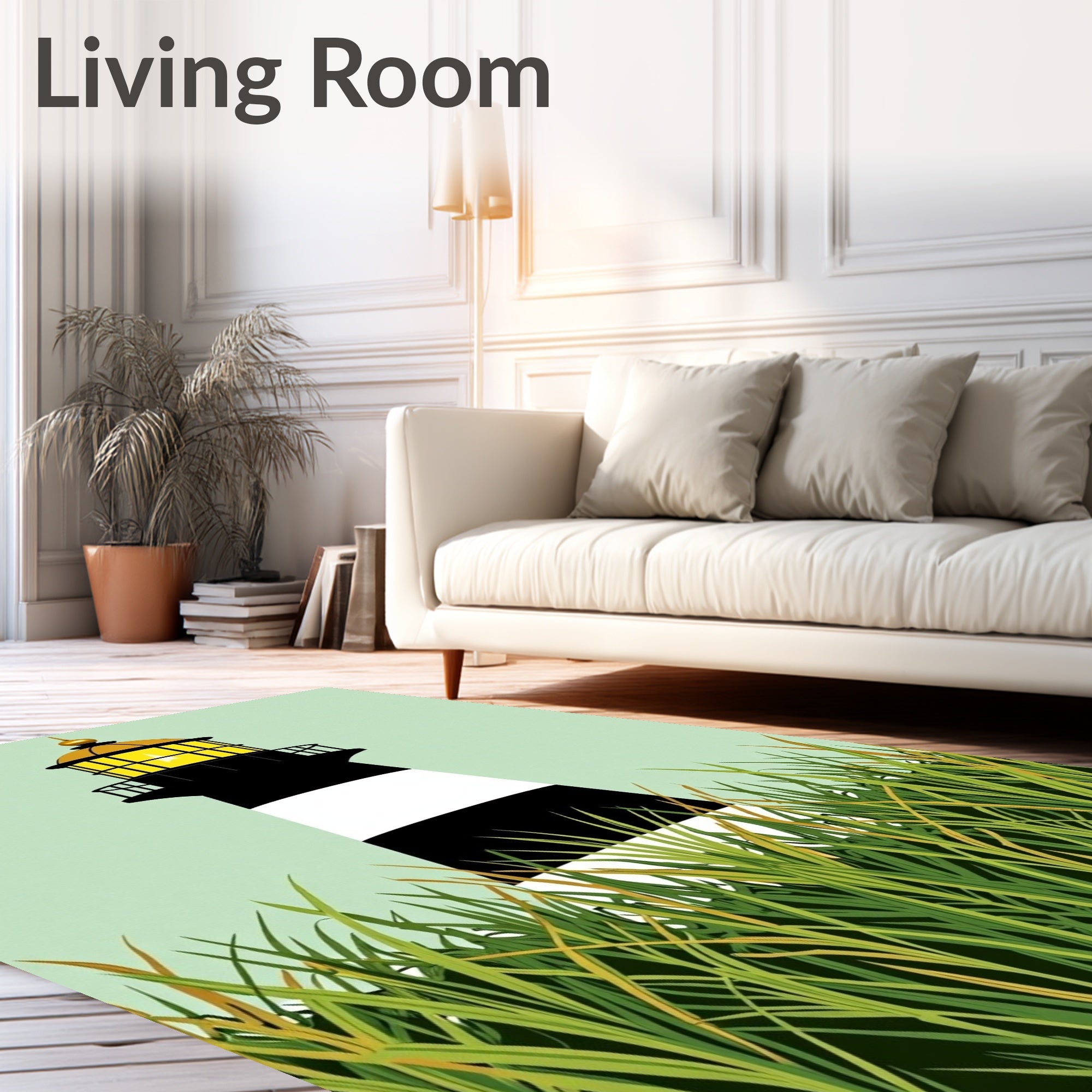 Coastal Grass and Lighthouse Scene Rug