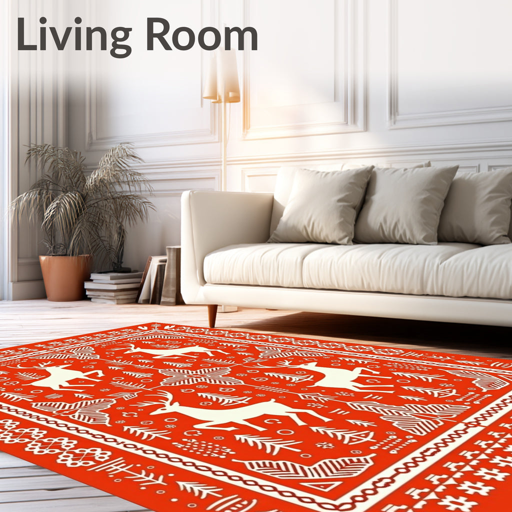 Red White Folk Art Deer Forest Rug