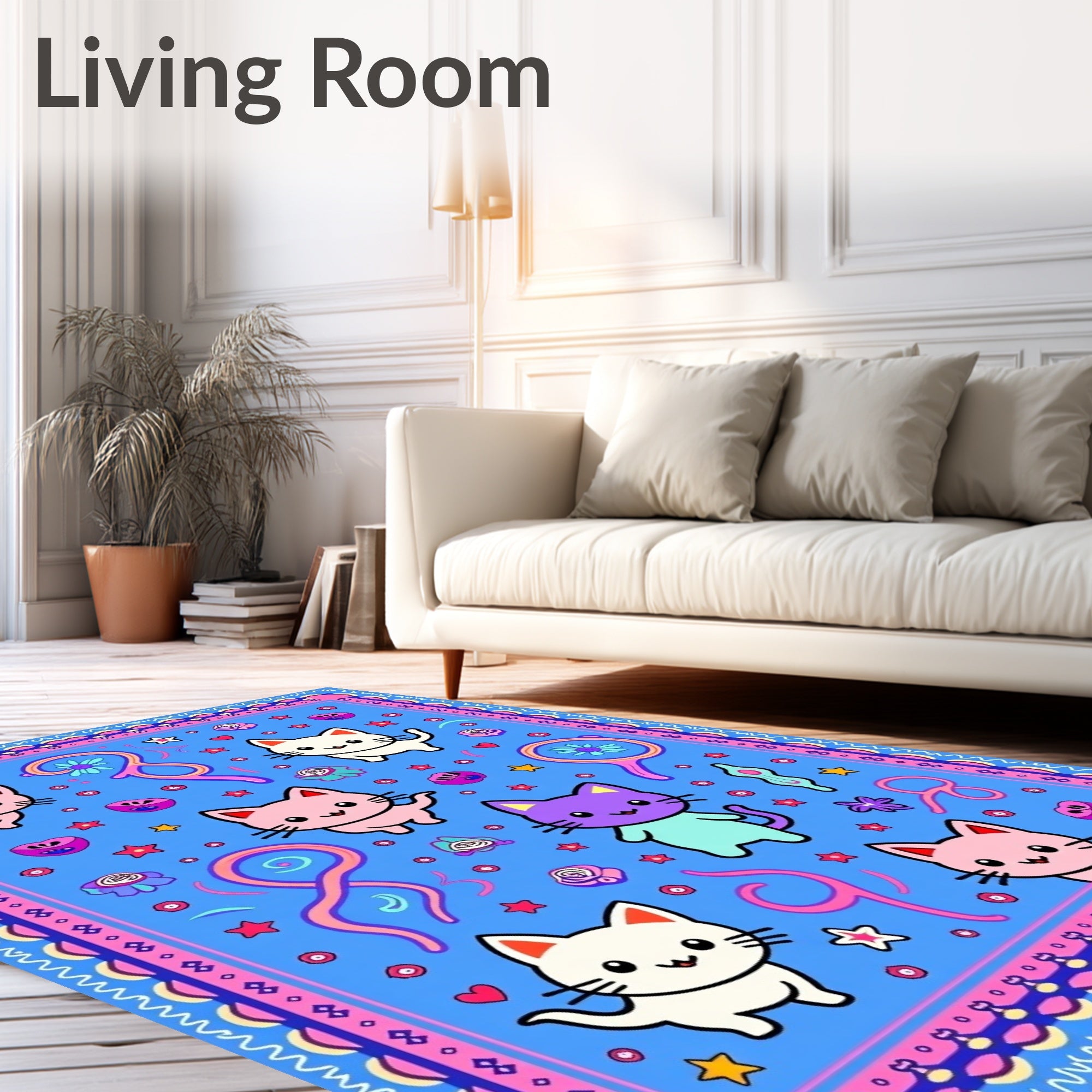 Cute Kitten Blue Whimsical Character Rug