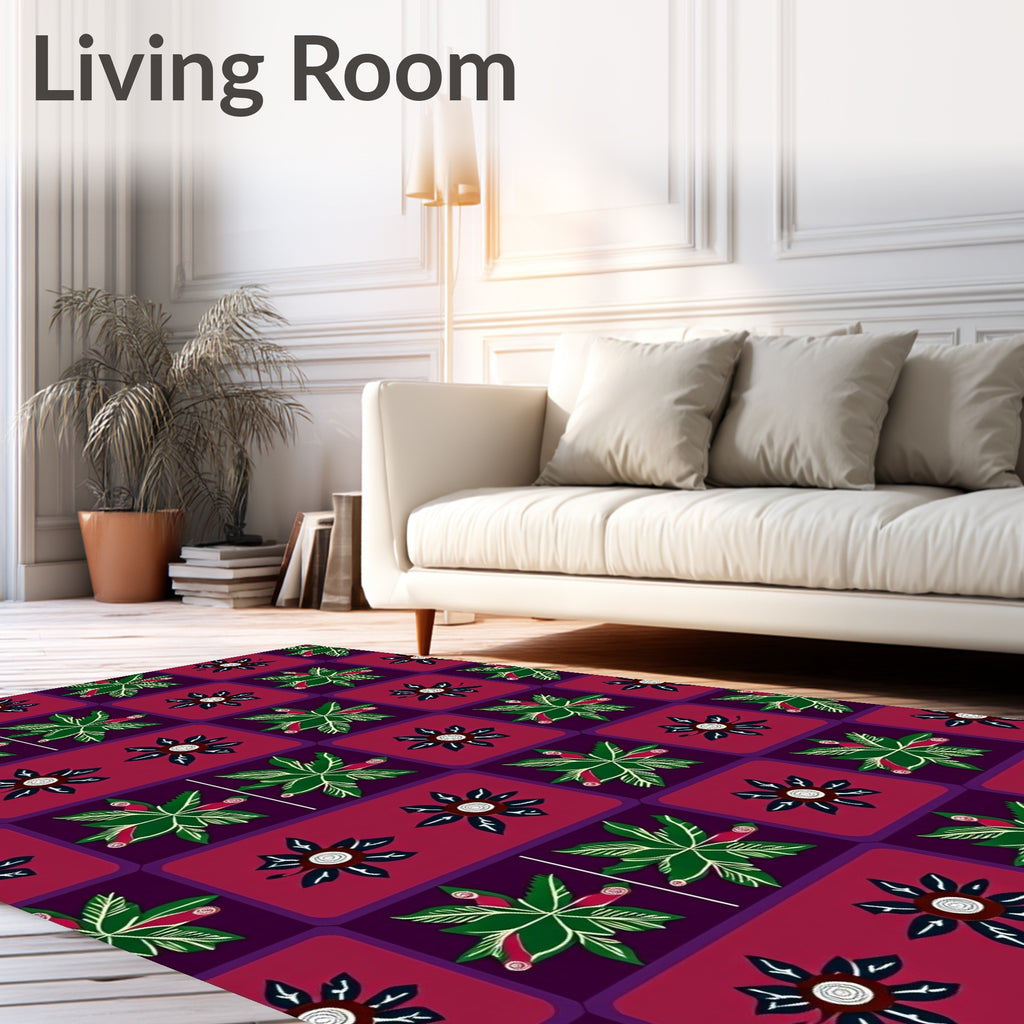 Bold Plum Deep Green Floral Grid Rug