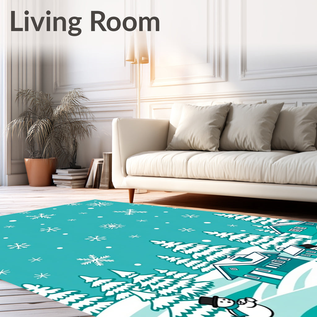 Teal Snowy Starry Winter Village Rug