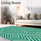 Green and White Geometric Maze Rug