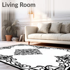 Black Ornate Scrollwork Medallion Border Rug
