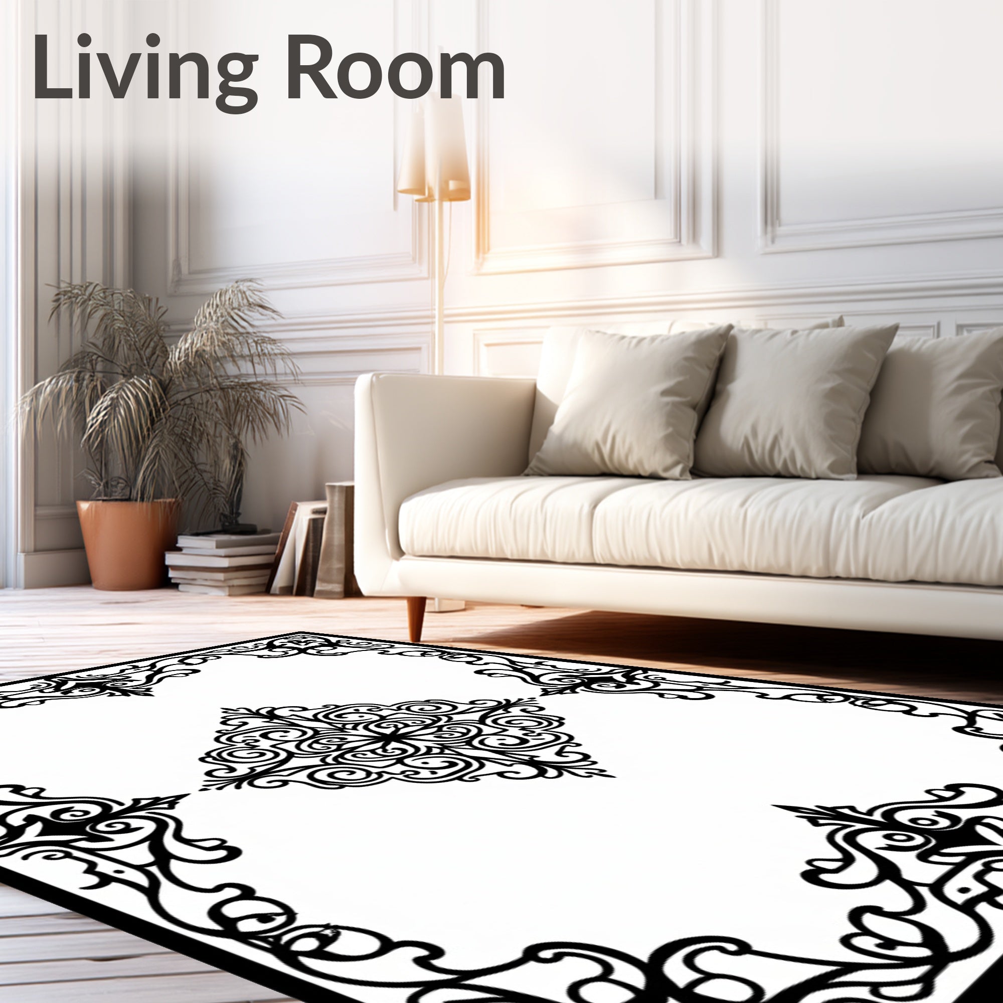 Black Ornate Scrollwork Medallion Border Rug