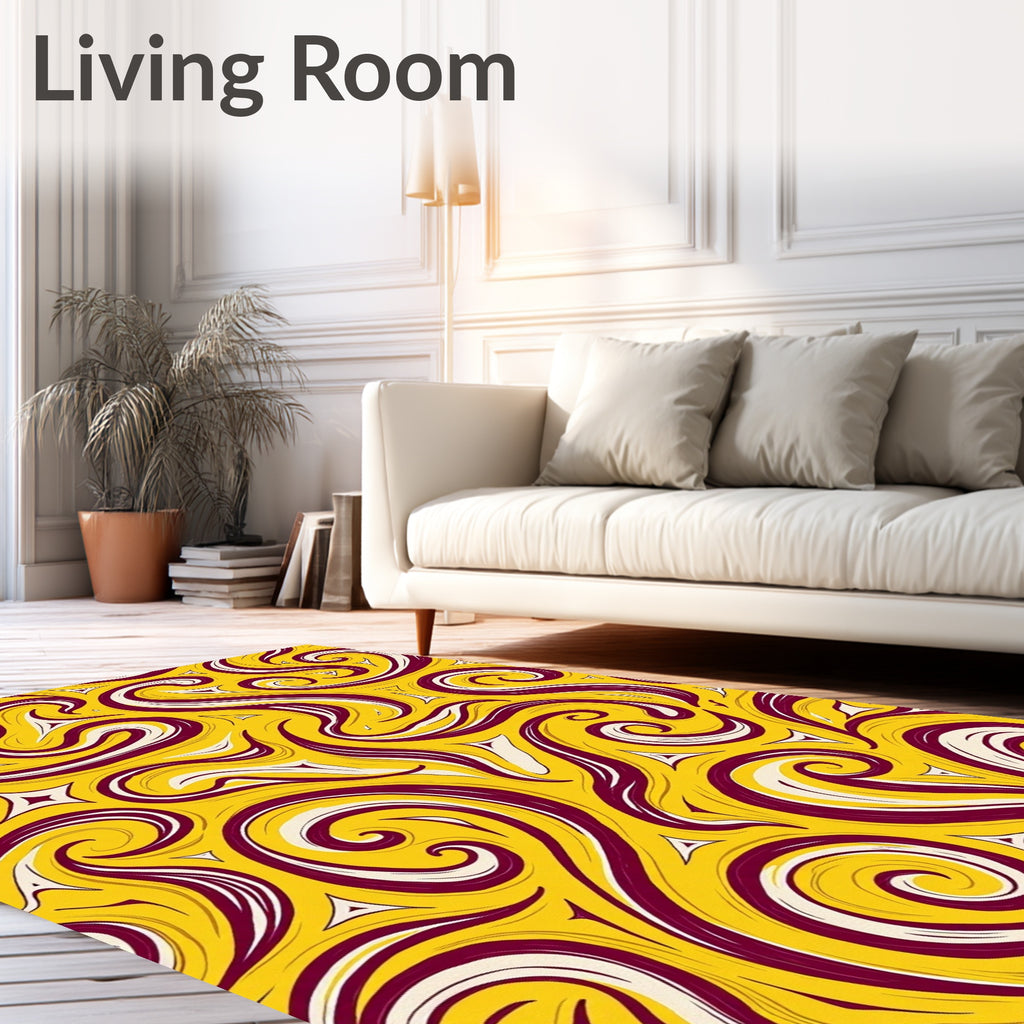 Vibrant Swirls Abstract Yellow Burgundy Rug