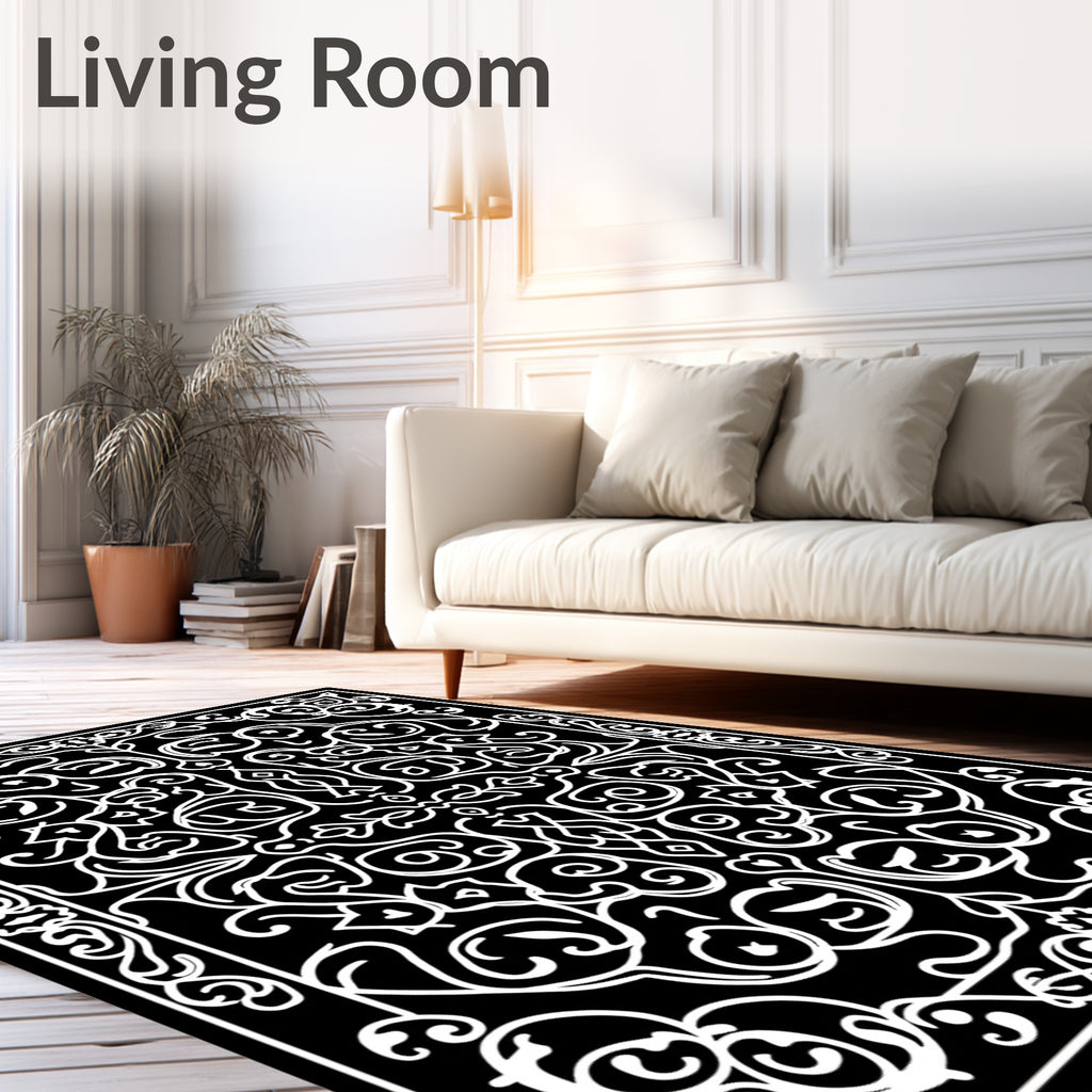 Black White Ornamental Rococo Swirl Rug