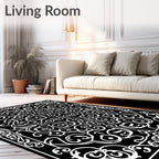 Black White Ornamental Rococo Swirl Rug