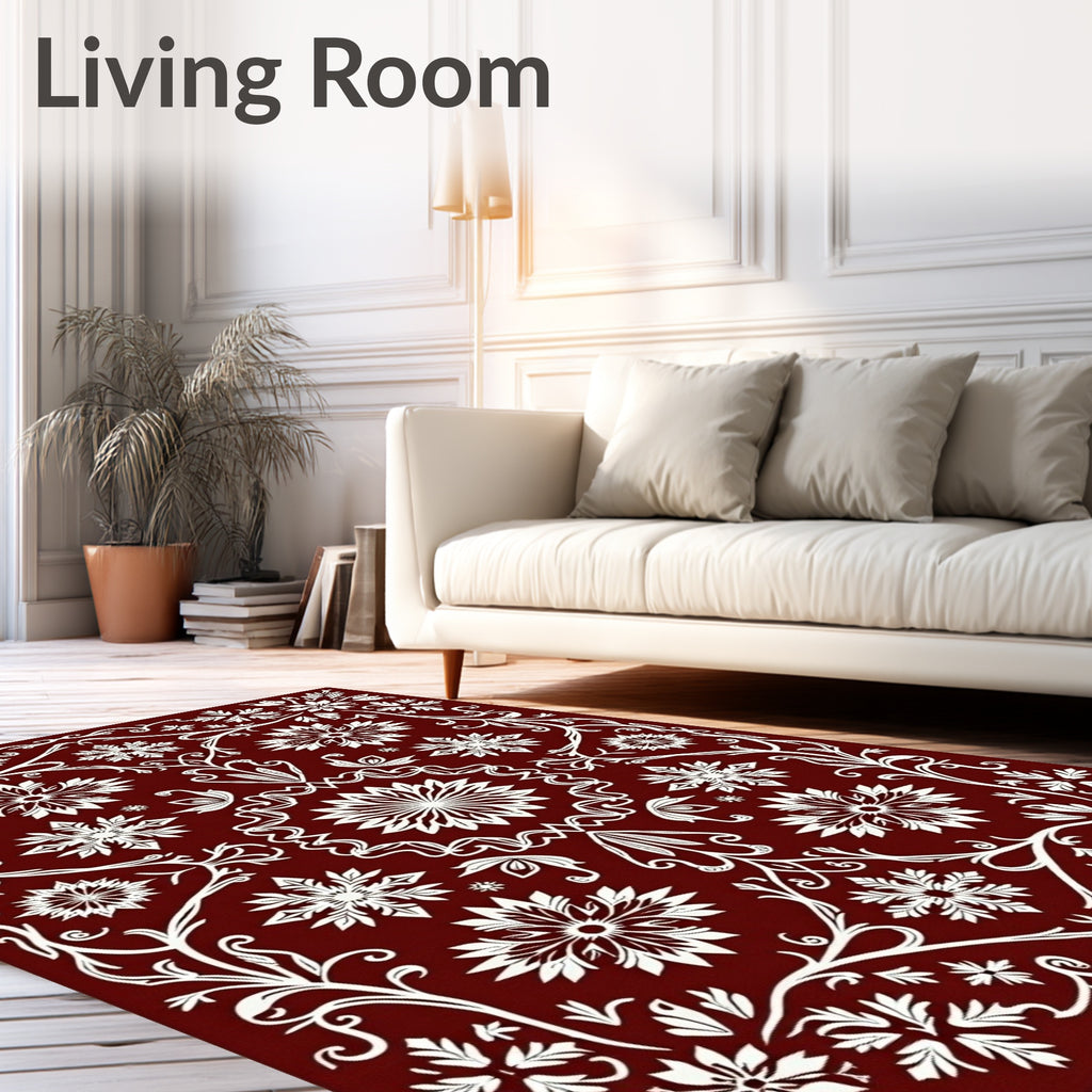 Crimson White Floral and Leafy Vine Rug