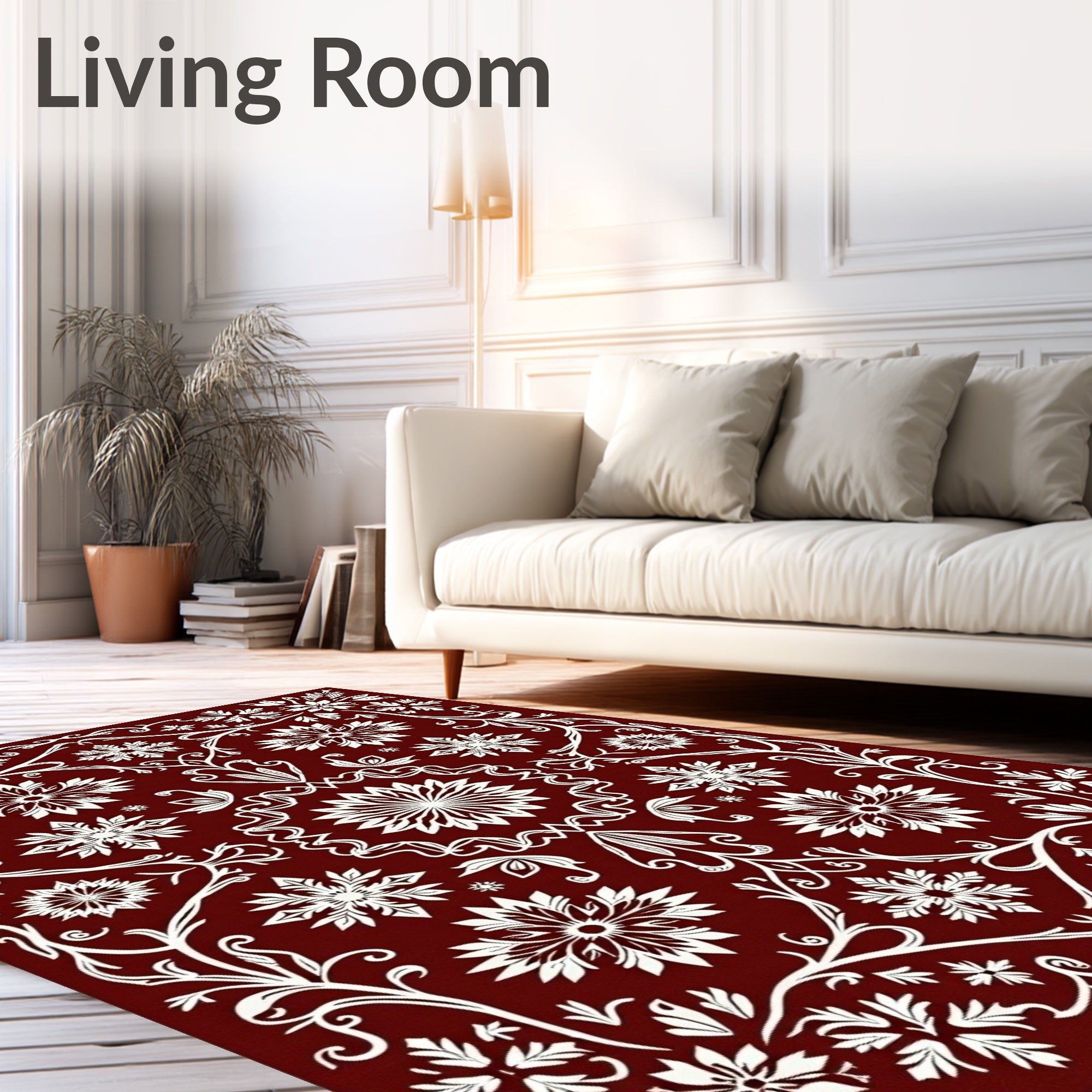 Crimson White Floral and Leafy Vine Rug