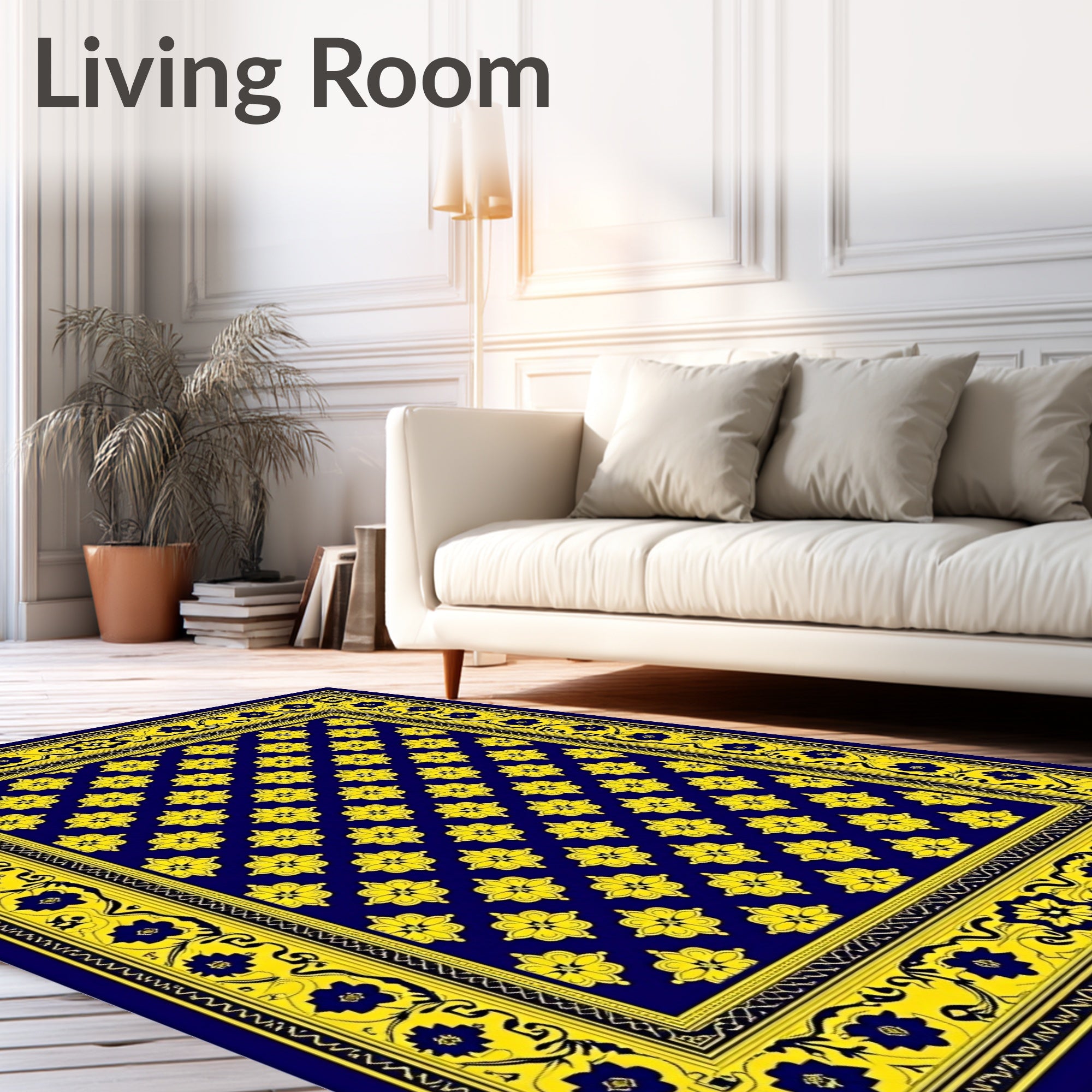 Deep Blue Yellow Floral Medallion Rug