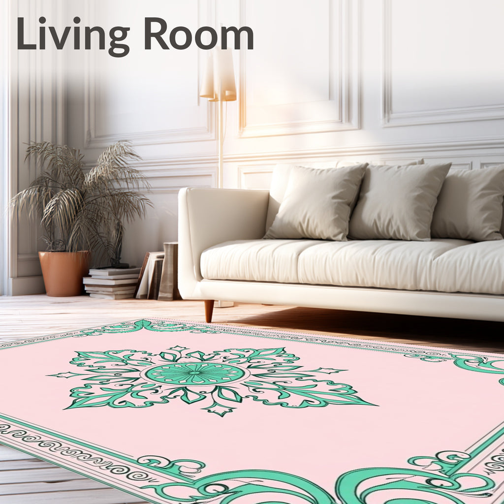 Pale Pink Green Floral Medallion Frame Rug