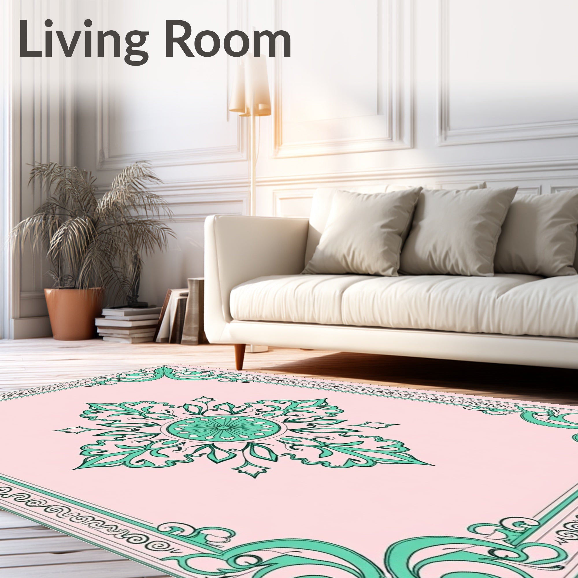 Pale Pink Green Floral Medallion Frame Rug