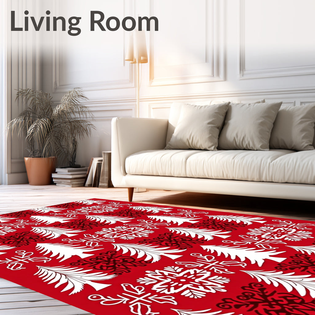 Red White Christmas Trees Snowflakes Intricate Rug