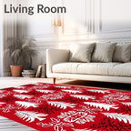 Red White Christmas Trees Snowflakes Intricate Rug