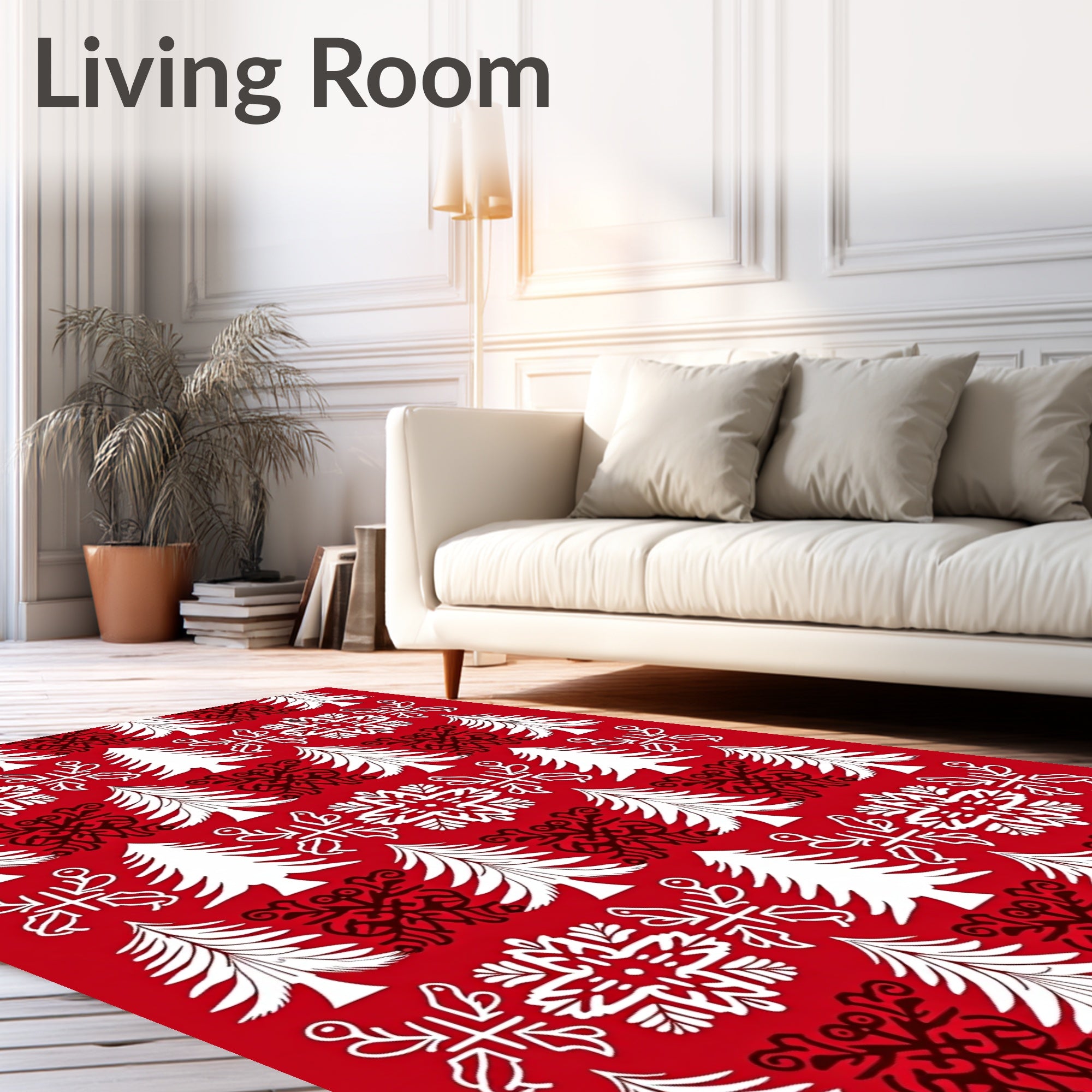 Red White Christmas Trees Snowflakes Intricate Rug