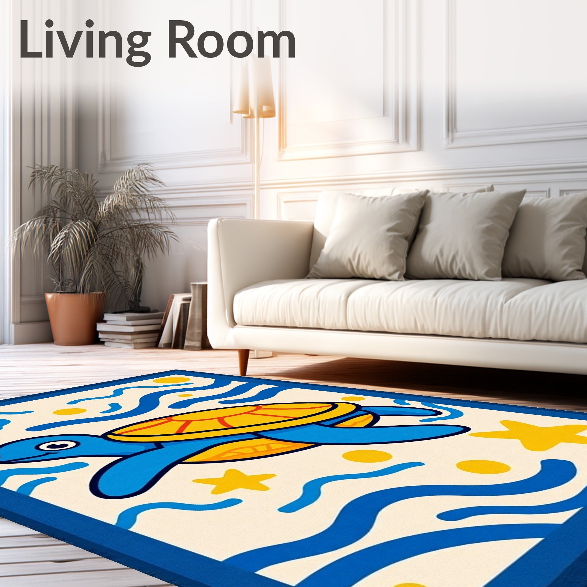 Whimsical Blue Turtle Oceanic Waves Rug