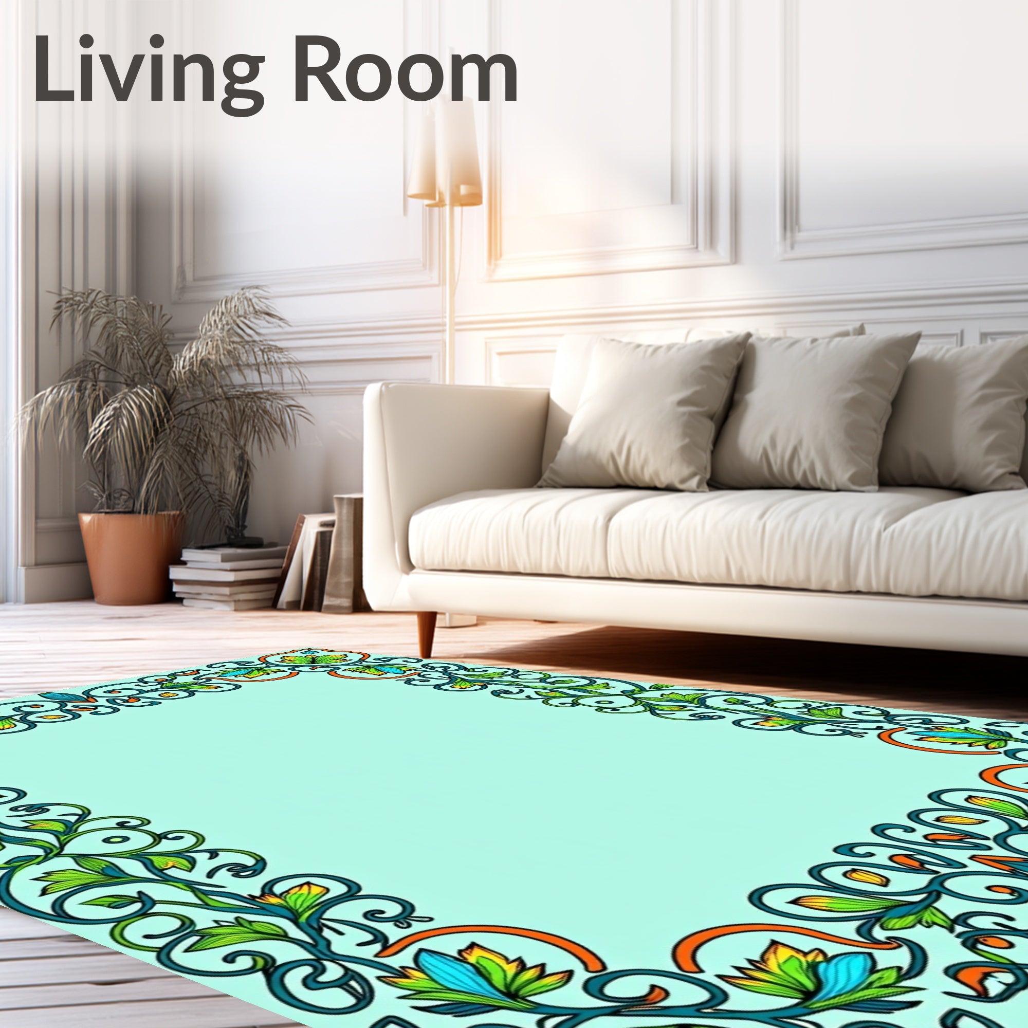 Emerald Green Floral Scroll Frame Rug