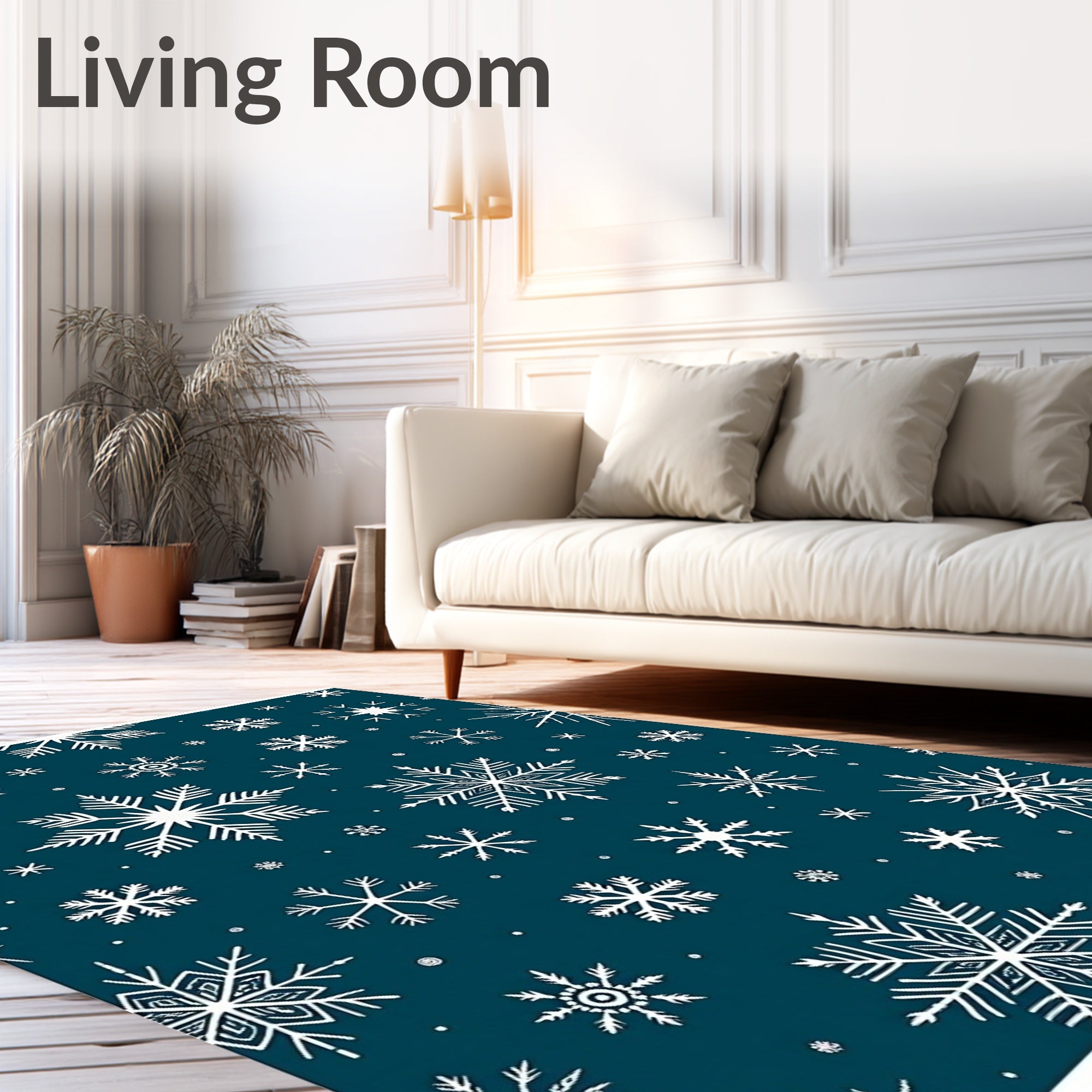 White Snowflakes on Dark Teal Rug