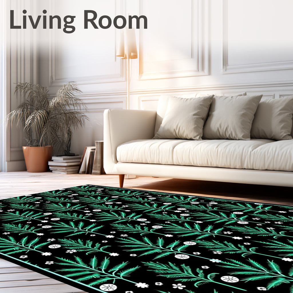 Emerald Frond Floral Black Rug