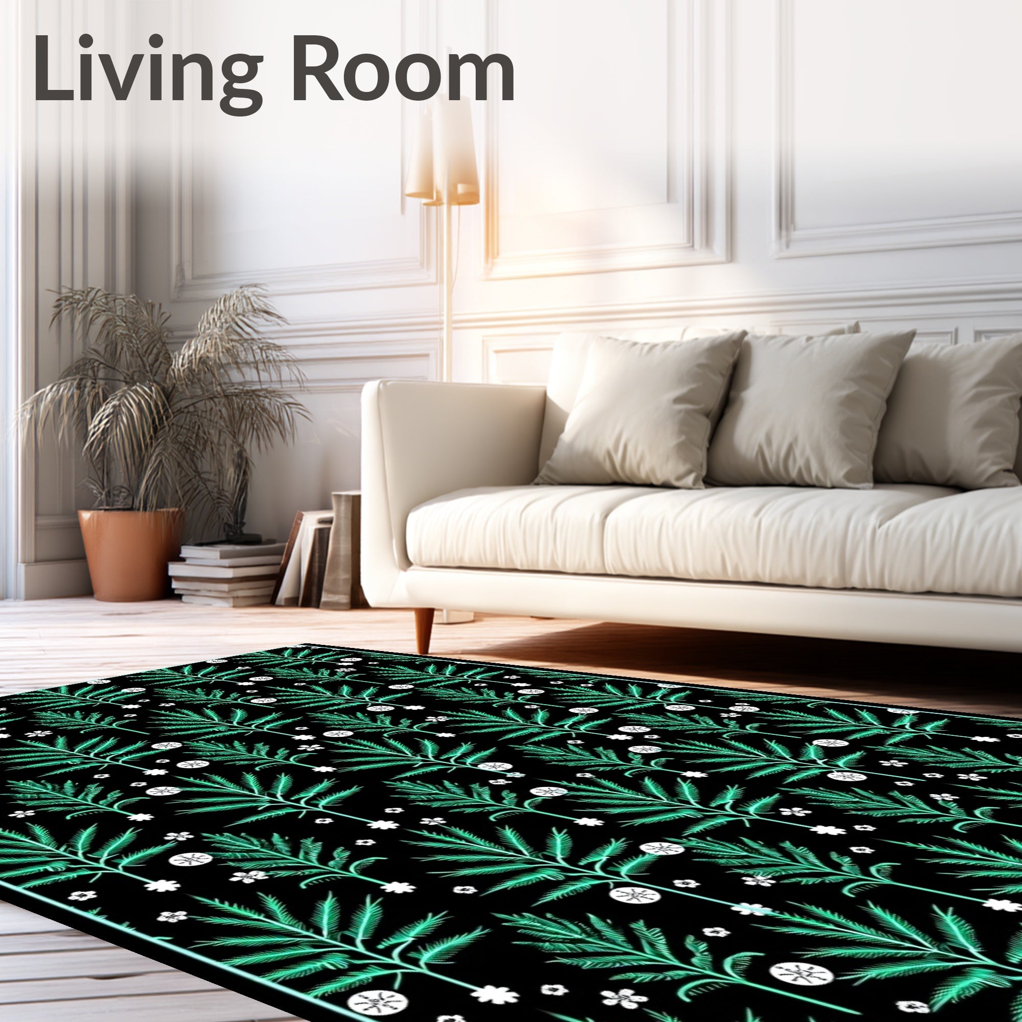 Emerald Frond Floral Black Rug