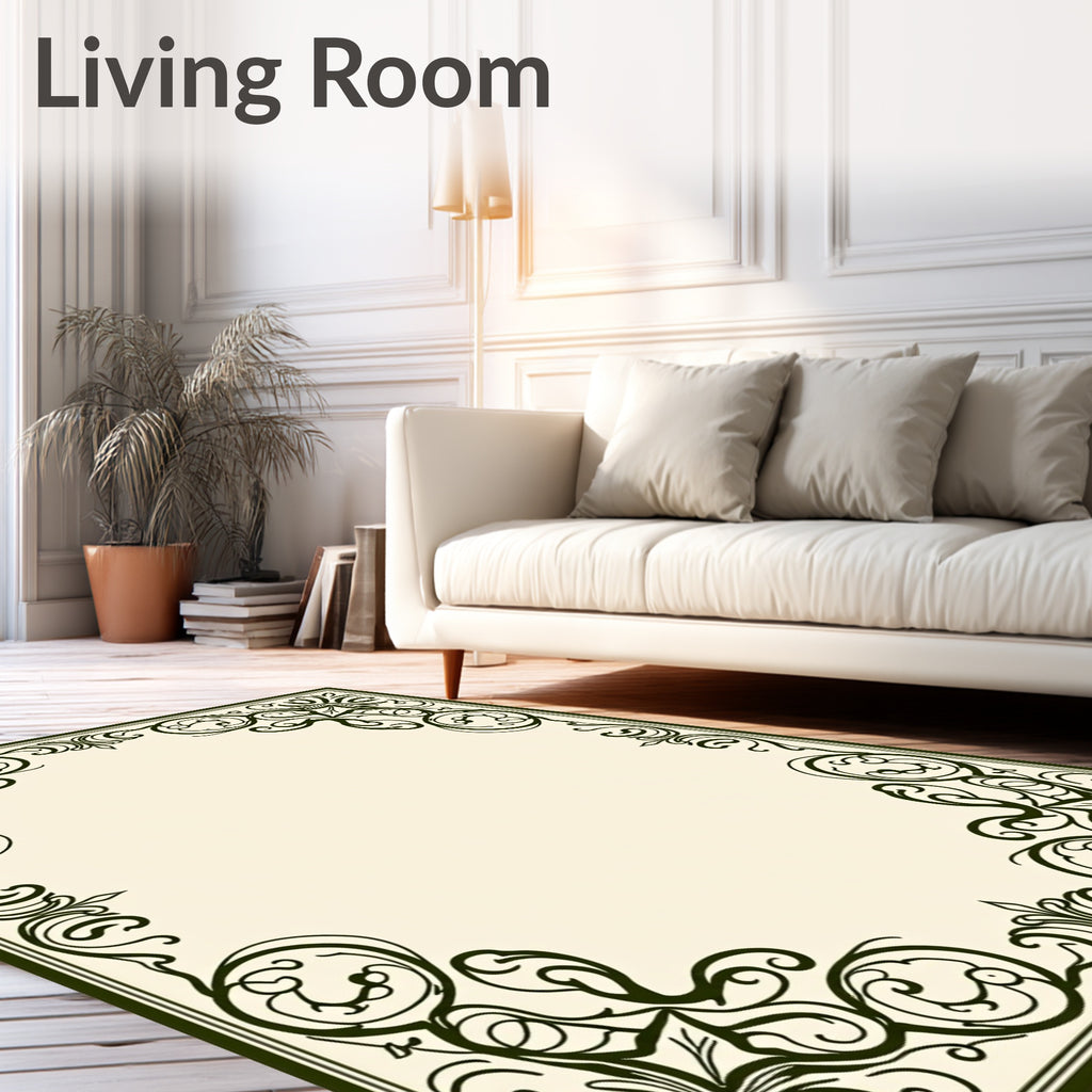 Ornate Dark Green Scrollwork Frame Rug